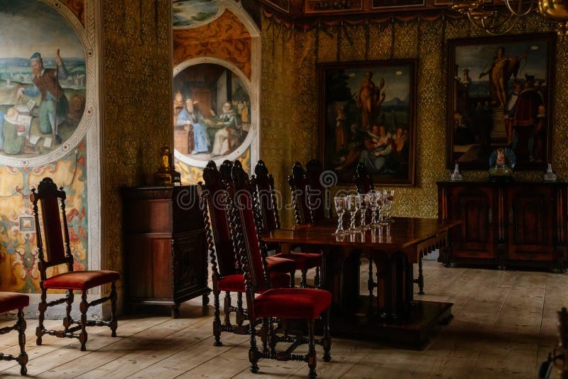 Castle Interior Large Renaissance Hall With Frescoes Table And Chairs