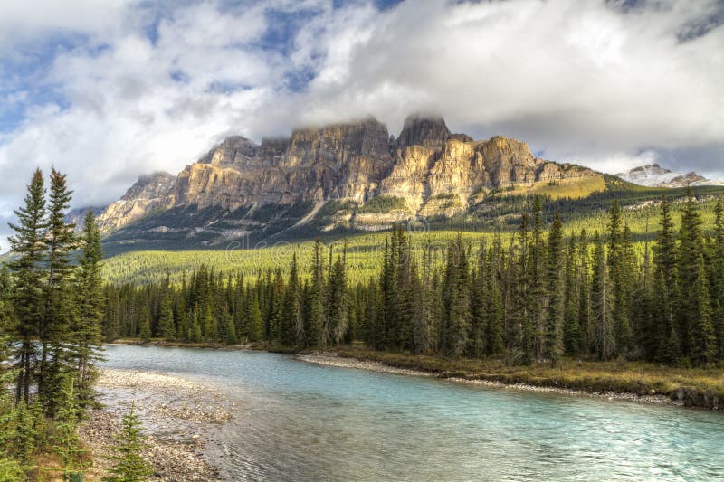 Castle Mountain above Bow River stock images