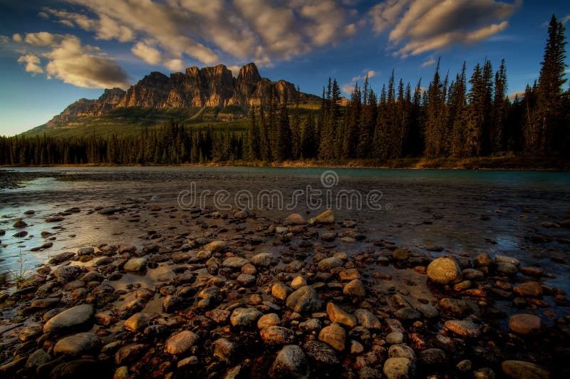 Castle Mountain at sunset stock photo