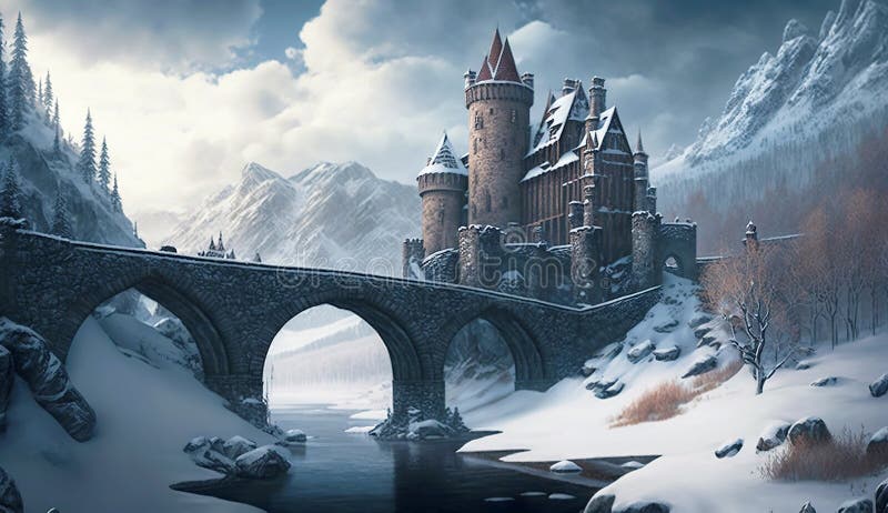 Castle on mountain in winter, image of snowy forest, river and bridge, generative AI