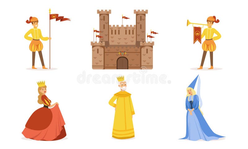 Medieval castle and people in costumes. Set of vector illustrations.