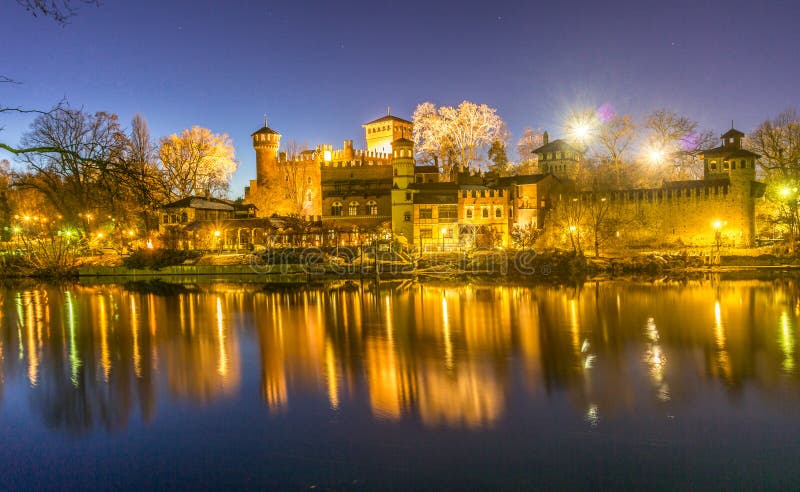 Castle at the of Valentino in Turin. Panorama Turin at Blue Stock Photo - Image city, retro: 122929902