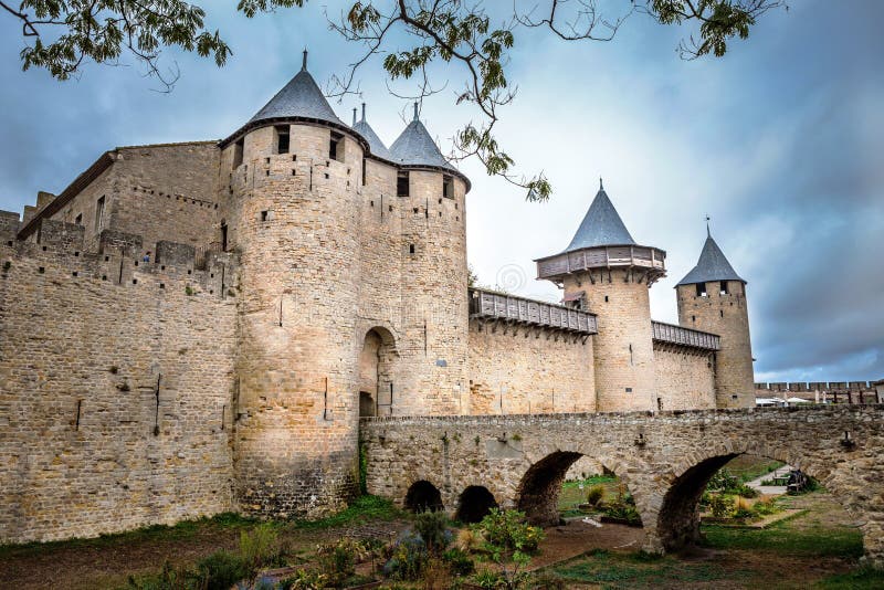 Castle Walls of Carcassonne Fortress in France with Crowd Clouds on the ...