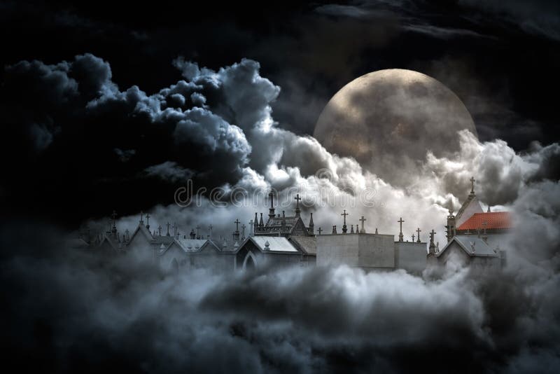 Imagen acerca de muerte cementerio en nublado el cielo en luna llena noche.