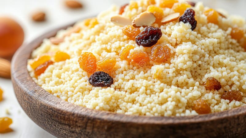 Castron de cușcuș cu fructe uscate și migdale. stock photos