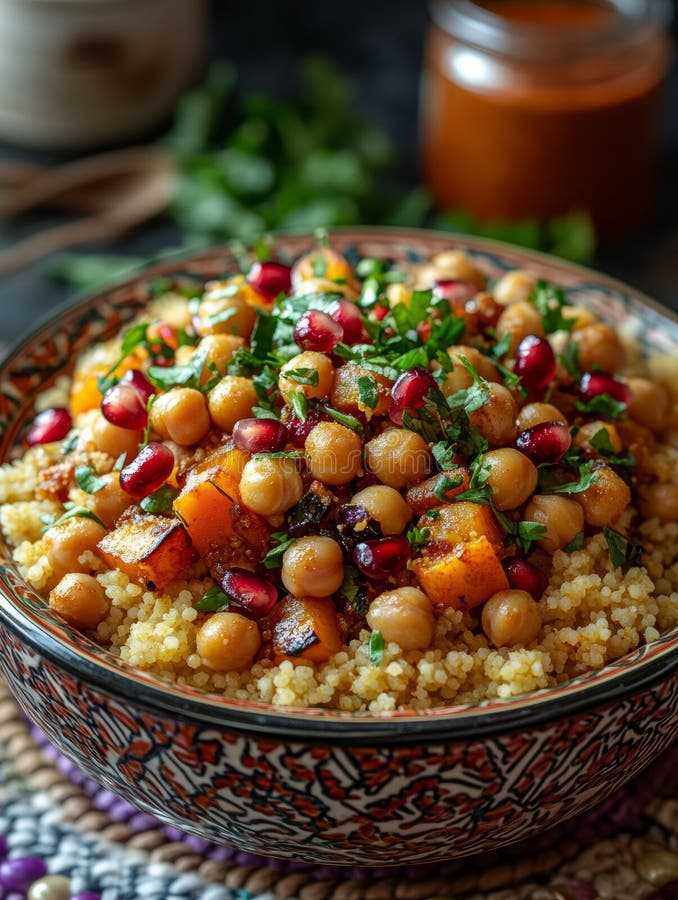 Castron de salată cușcuș cu năut și rodie. stock photography