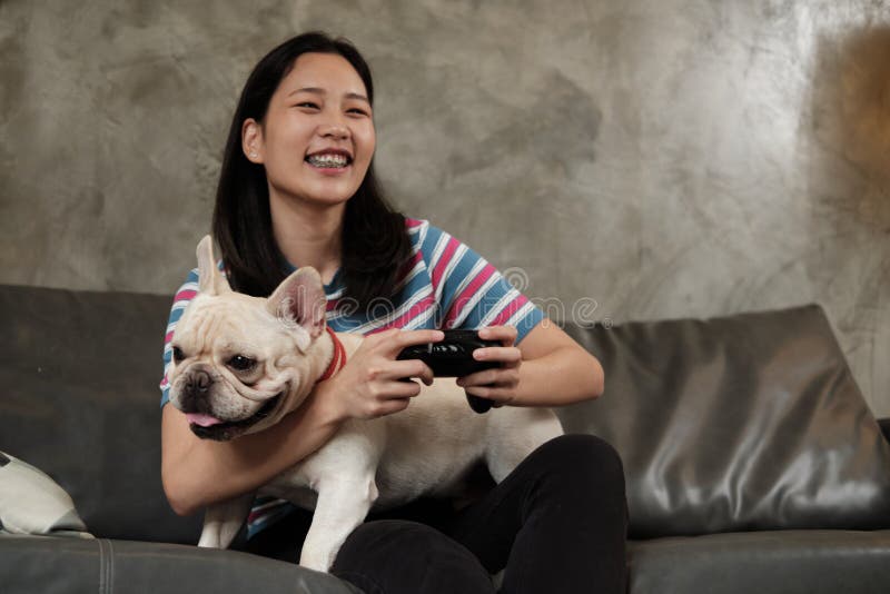 A casual Asian young woman is playing a video game console with fun and excitement controlled by a joystick on a sofa in the home`s living room. The pet is a dog French Bulldog looking close. A casual Asian young woman is playing a video game console with fun and excitement controlled by a joystick on a sofa in the home`s living room. The pet is a dog French Bulldog looking close