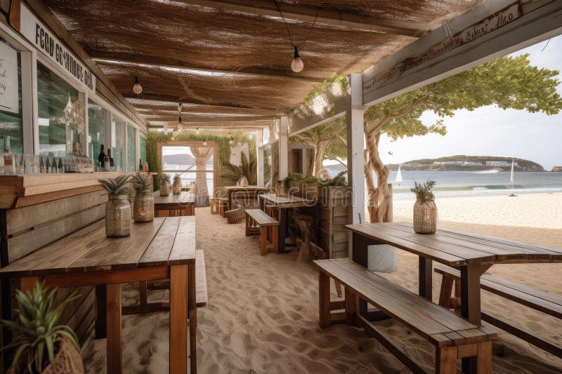 Casual Beachside Cafe with Menu of Fresh Seafood and Cocktails Stock