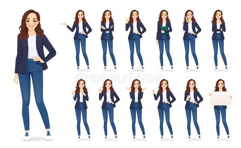 Casual business woman character set. Casual business woman character in different poses set in jeans isolated vector illustration