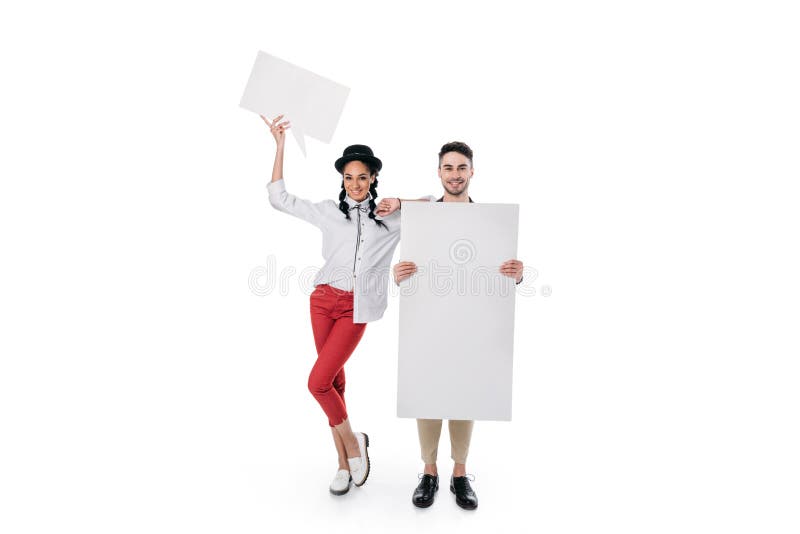 Casual Couple Holding Blank Banners Isolated on White Stock Photo ...