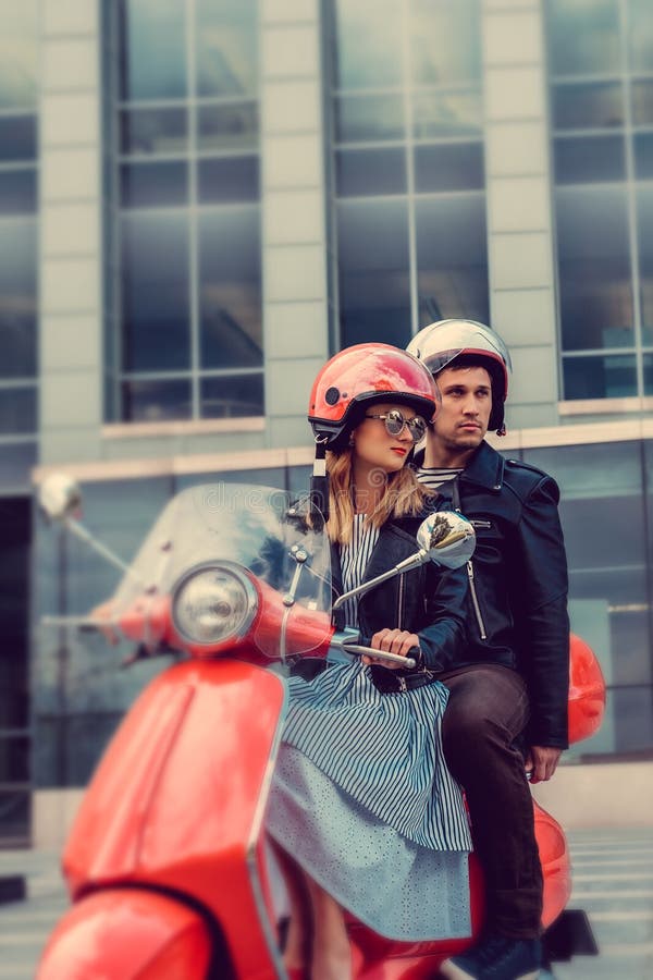 Male and Female Having Fun on Moto Scooter. Stock Image - Image of ...