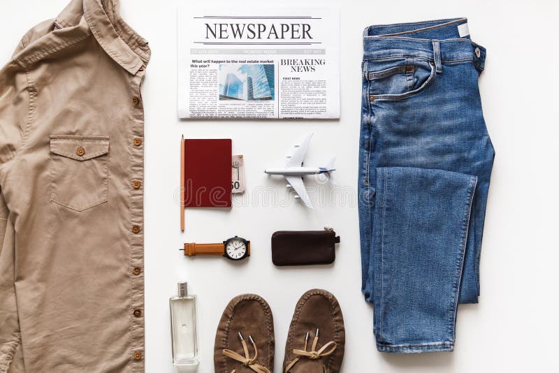 Casual Male Flat Lay Hipster Fashion Clothes and Accessories Set Isolated  on White. Top View Knolling Stock Photo - Image of hipster, outfit:  185651238