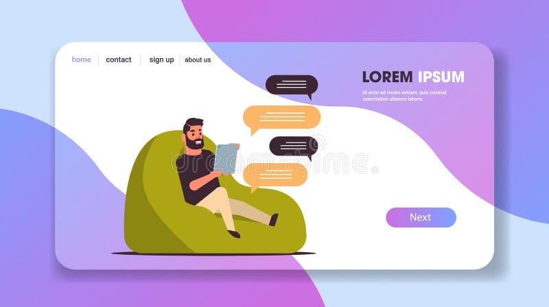 Casual man chatting messaging with tablet guy sitting at bean bag using mobile app social network chat bubble vector illustration