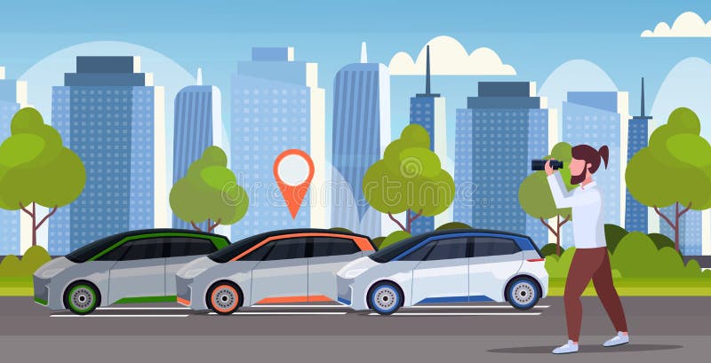 Casual man looking through binoculars searching automobile with location pin rent car sharing concept transportation vector illustration Casual man looking through binoculars searching automobile with location pin rent car sharing concept transportation vector illustration