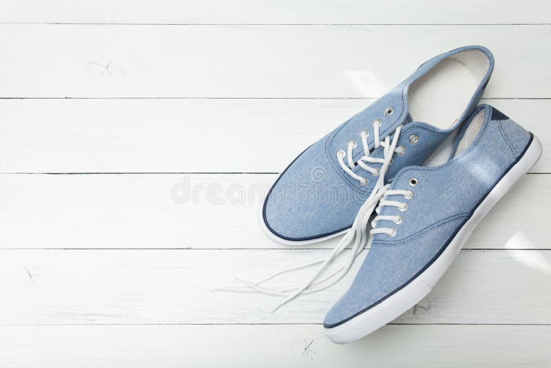 Casual sneakers shoe, fashion denim. Copy space for text