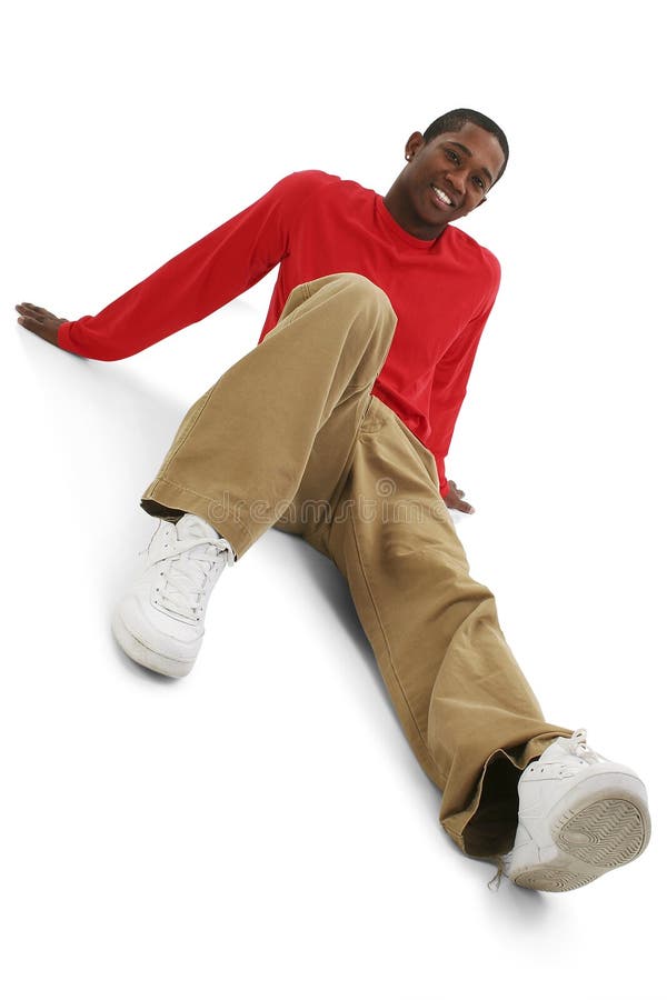 Casual Young Man in Khakis and Long Sleeve Red Shirt Stock Image