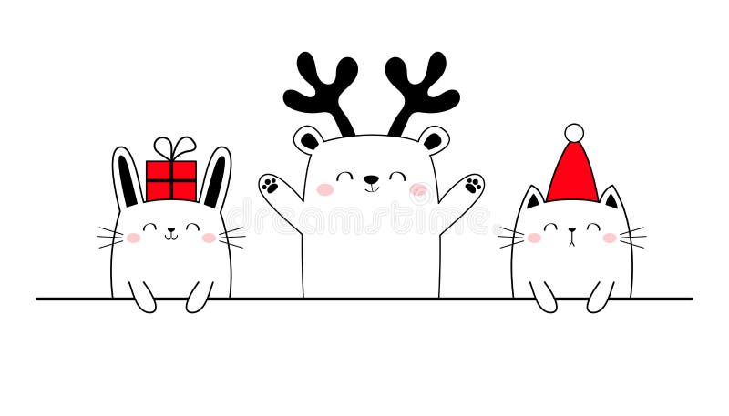 Cat Bear Bunny. Merry Christmas Happy New Year. Red Santa Hat, Deer Horns.  Cute Funny Kawaii Doodle Animal Set Stock Vector - Illustration of gift,  kawaii: 235751895