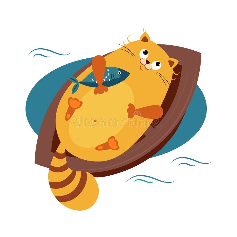 Cat on a Boat Hugging Fish. Vector Illustration Stock Vector