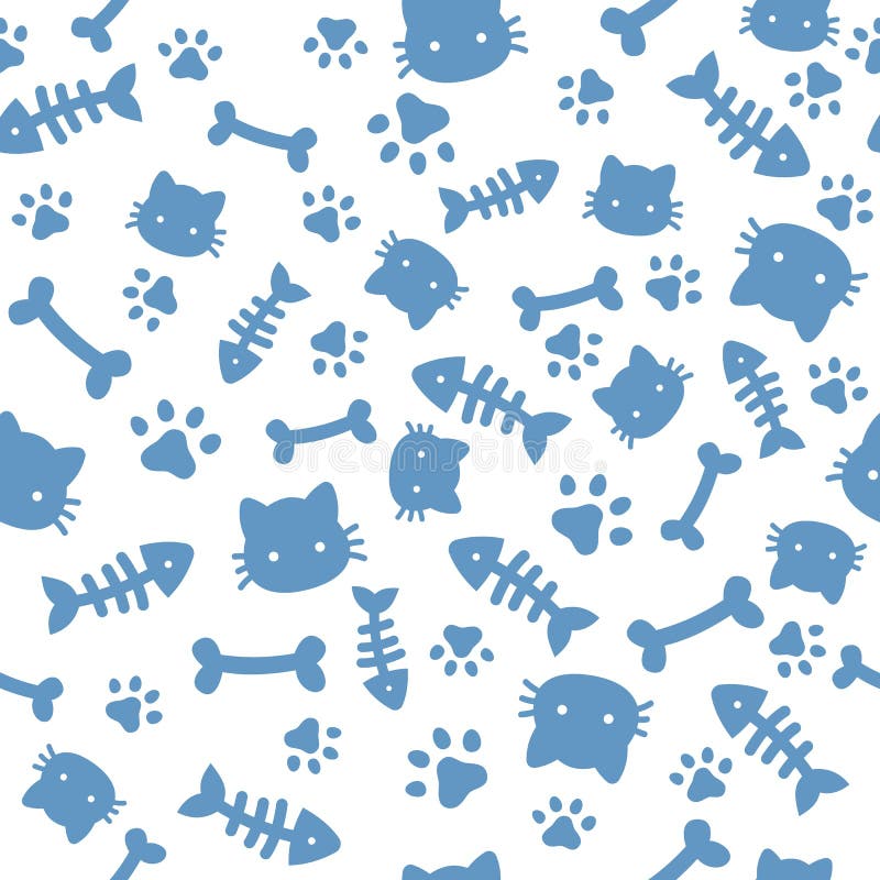 Cat boy pattern. Blue paw animal footprints and bones. Cat dog paws wallpaper, cute puppy pet cartoon vector seamless