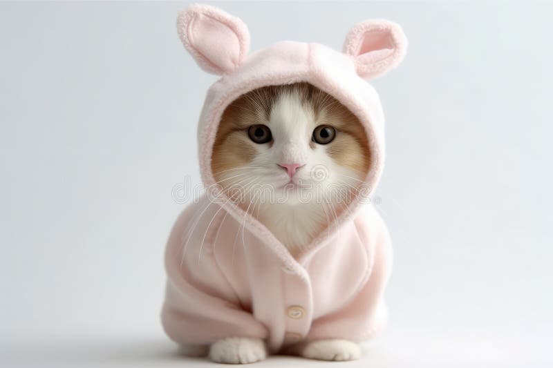 Cat in Bunny Suit on White Background. Generative AI Stock Illustration