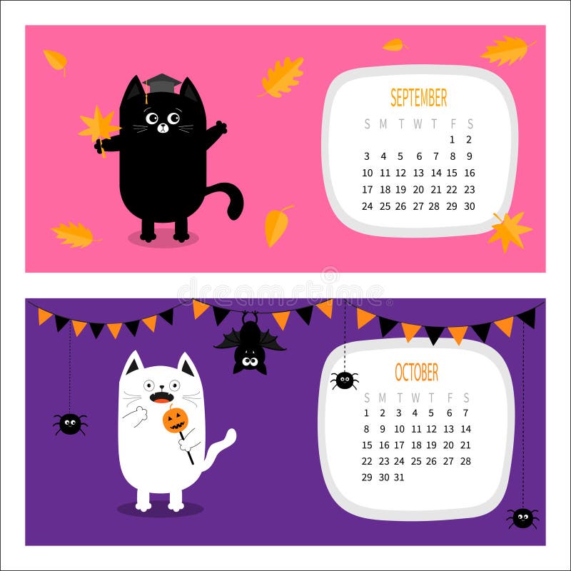 Cat Calendar 2017 Horizontal. Cute Funny Cartoon Character Set Stock