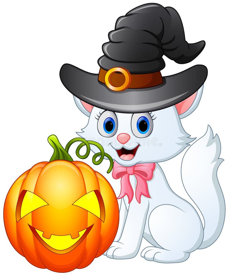 Cat Cartoon with a Witch Hat and Pumpkin Stock Vector - Illustration of ...