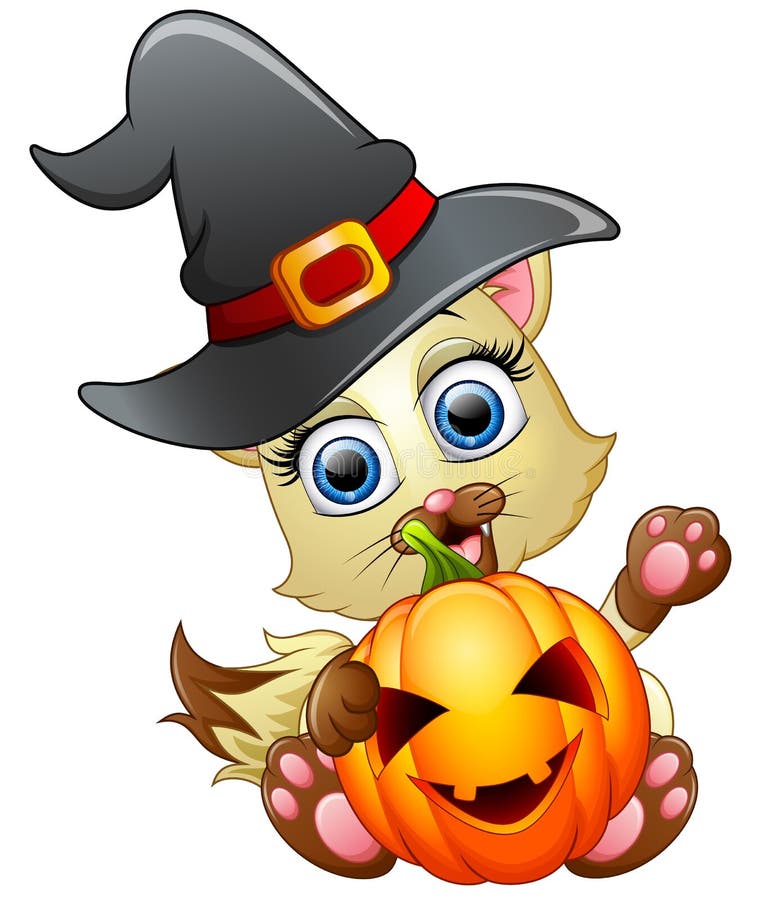 Cat Cartoon with a Witch Hat Holding Pumpkin Stock Vector ...