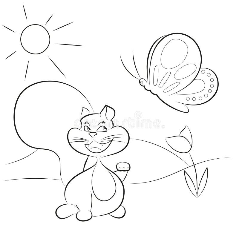 Coloring Page Book For Kids - Cat And Butterfly Stock Vector ...