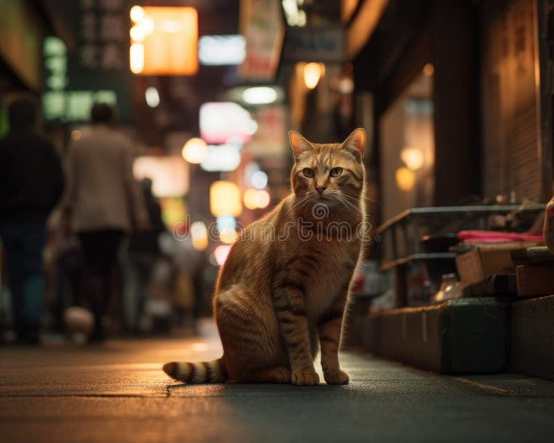 Cat in the City Navigating the Bustling Streets Stock Illustration(02)
