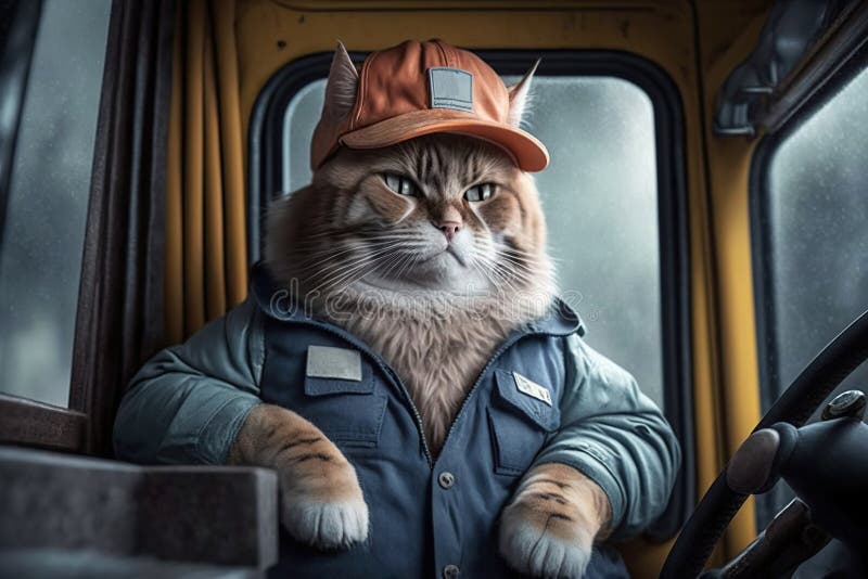 A Cat in Clothes a Trucker Driver Sits in the Cab Created with