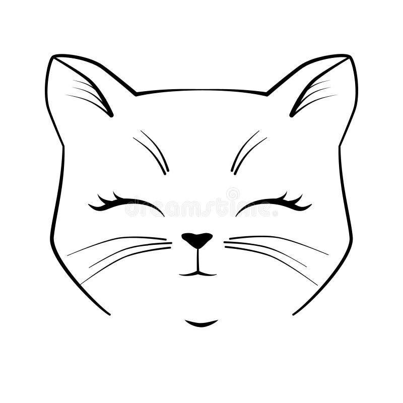 Cat cute face. Black outline drawing kitten character. Vector illustration for greeting card, invitation.