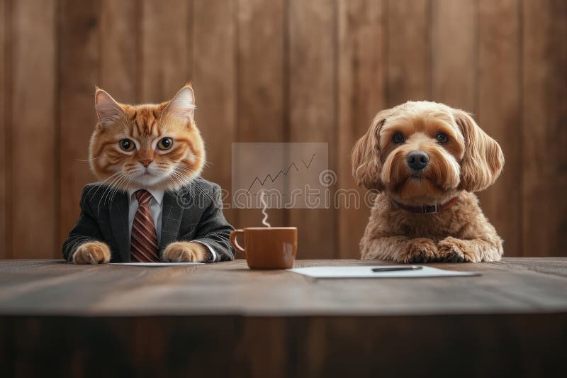 Cat and dog in business attire discuss graph in office setting vector illustration