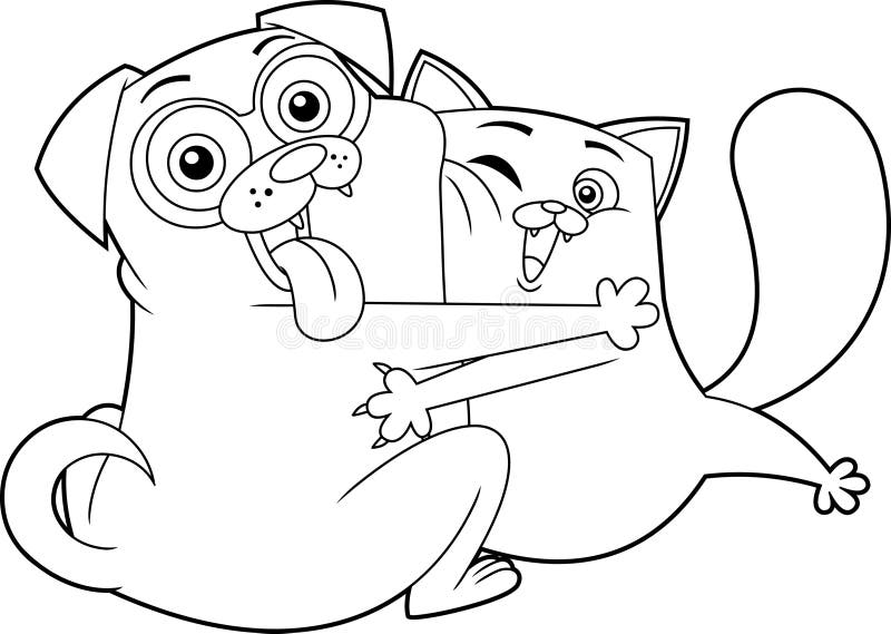 Outlined Happy Dog and Cat Cartoon Characters Together in Hug Stock