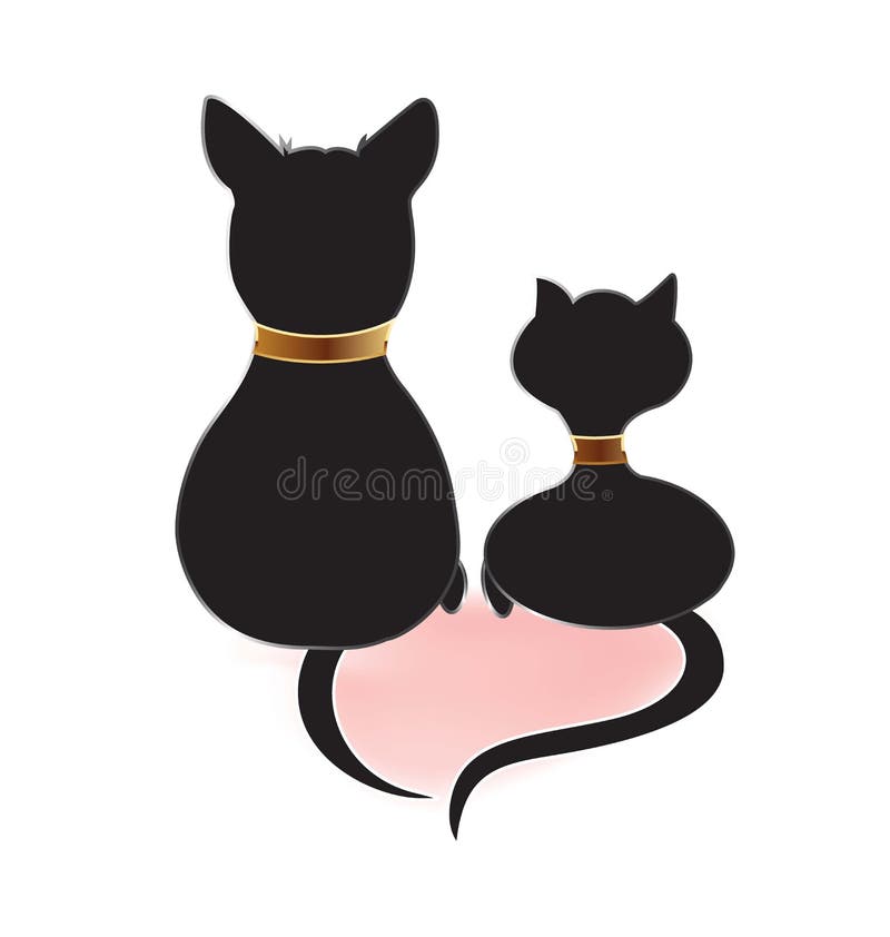 Silhouettes Of Two Sitting Cats Looking At Red Heart Pets Love