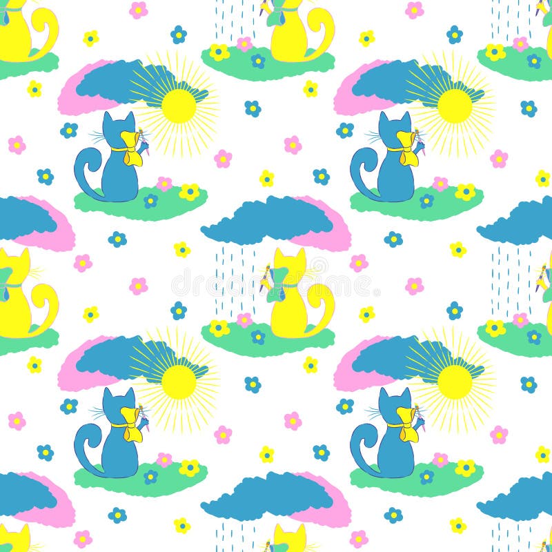Cat draws the sky and the sun. Vector seamless pattern stock illustration