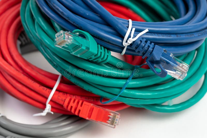 Cat 5, 6 Ethernet Cables for Computers, Red, Green and Blue colors. Ethernet cables for Internet, or Network Computer Communications