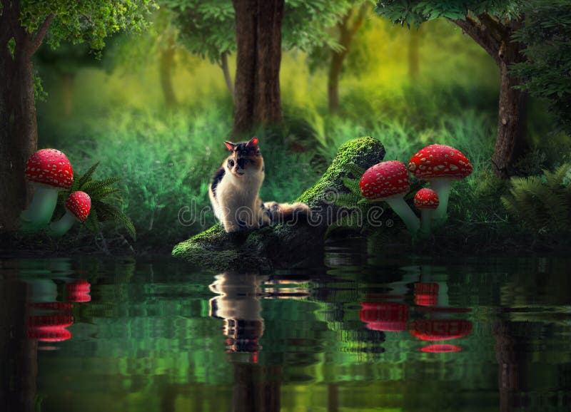 A Cat in a Fantasy Realm Standing on the Edge of a River on a Rock Against  the Background of a Foggy Forest with Reflections of Wa Stock Image - Image  of