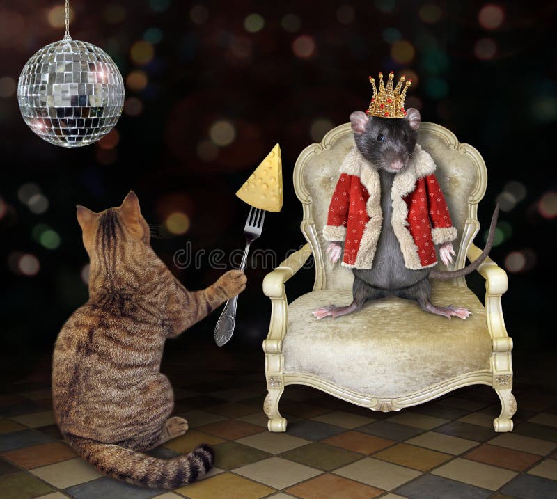 The cat feeds the rat king with cheese at the party. The lord is sitting in a throne and dressed in a golden crown and a red coat. The cat feeds the rat king with cheese at the party. The lord is sitting in a throne and dressed in a golden crown and a red coat