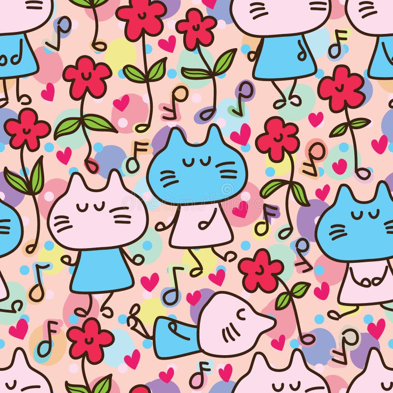 Cat flower friend happy dance seamless pattern