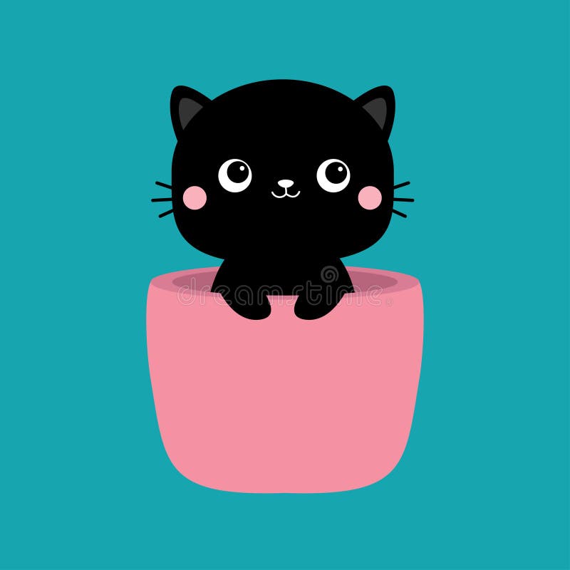 Cat in flower pot. Holding paw hands. Black silhouette. Pink cheeks. Cute cartoon funny character. Baby pet animal collection.