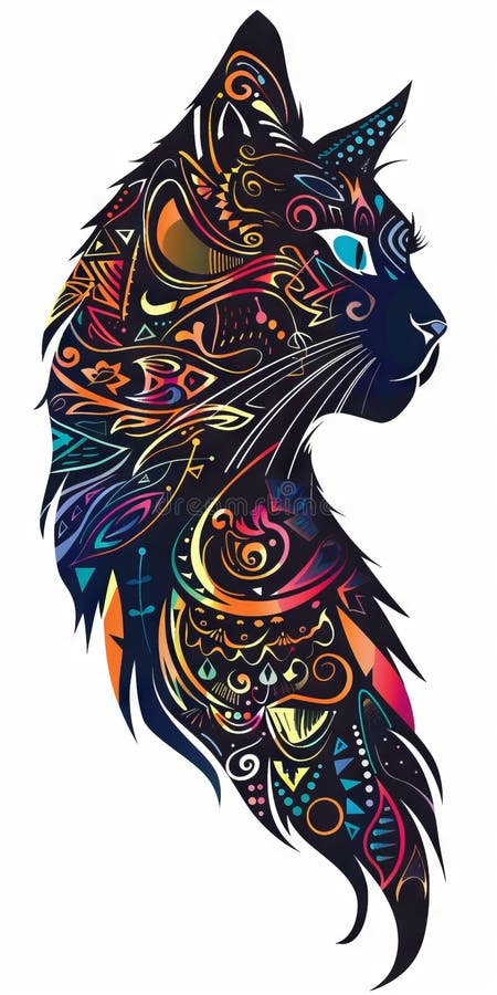 Cat head silhouette featuring colorful tribal ornaments. royalty free illustration