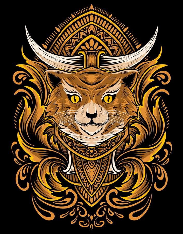 Cat Head with Vintage Engraving Ornament Stock Vector - Illustration of