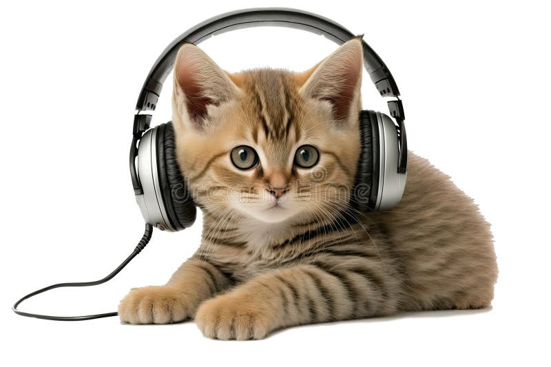 A Cat with Headphones on a White Background. Generative AI Stock