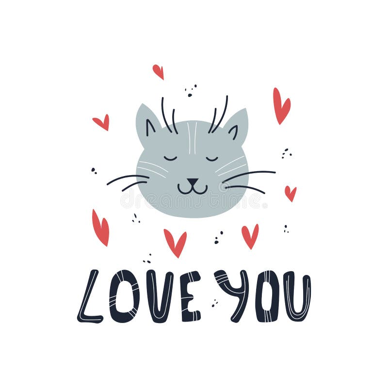 Cat, Hearts and Quote Love You-poster Design or Valentine Day Cards ...