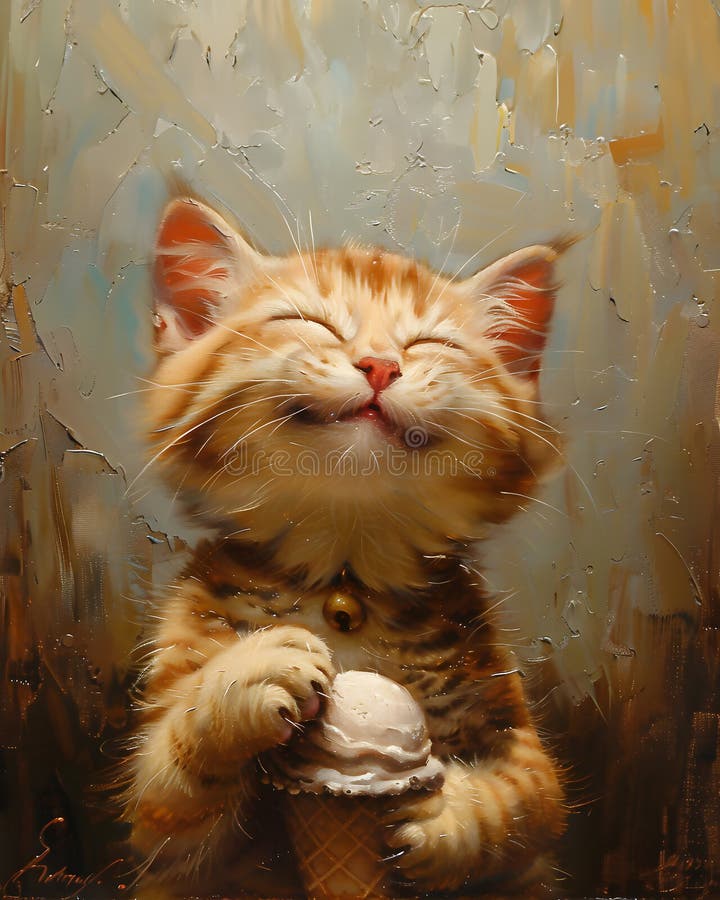 Cat Holding Ice Cream Cone. Generative by AI Stock Illustration