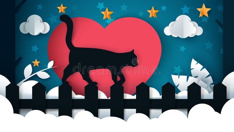 Cat Illustration Paisagem de papel dos desenhos animados Árvore, estrela, nuvem, céu ilustração do vetor Cat Illustration Paisagem de papel dos desenhos animados Árvore, estrela, nuvem, céu ilustração do vetor