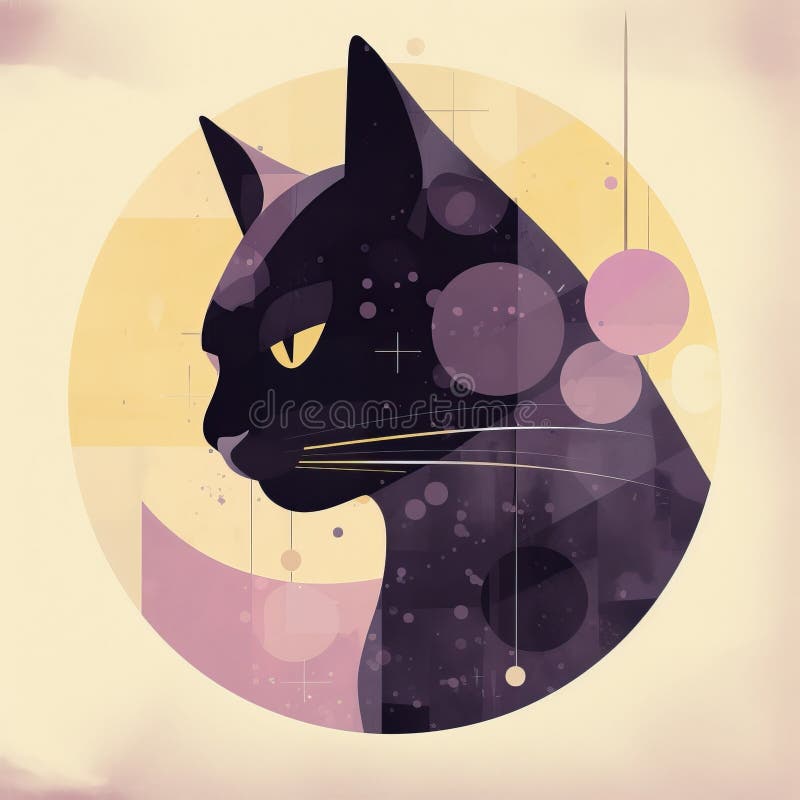 Cat kitty abstract animal desenat pe un portret generativ cu cap galben violet ilustrație. Animal abstract pisică desenat cu un portret generativ cu cap galben ilustrație model ilustrație cu model