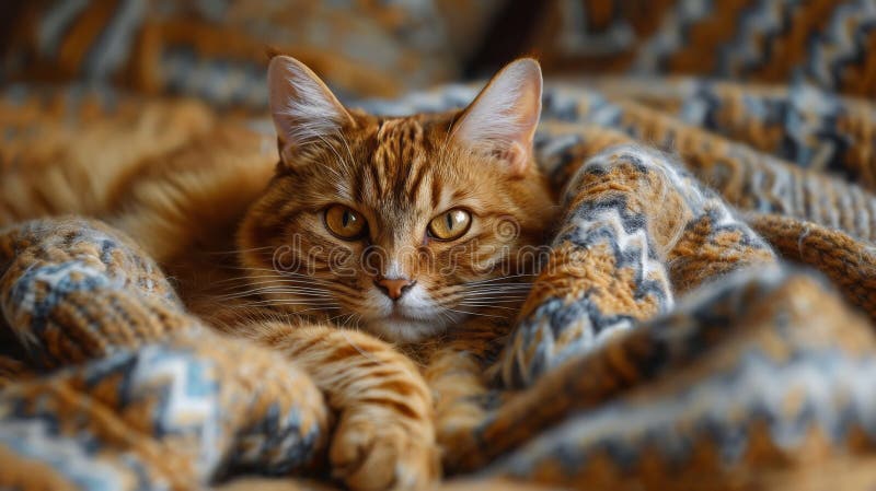 A domestic cat comfortably resting on a floral-patterned couch with its eyes closed. AI Generative AI generated. A domestic cat comfortably resting on a floral-patterned couch with its eyes closed. AI Generative AI generated