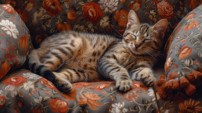 Cat Laying on Top of a Floral Couch. A domestic cat comfortably resting on a floral-patterned couch with its eyes closed. AI Generative AI generated
