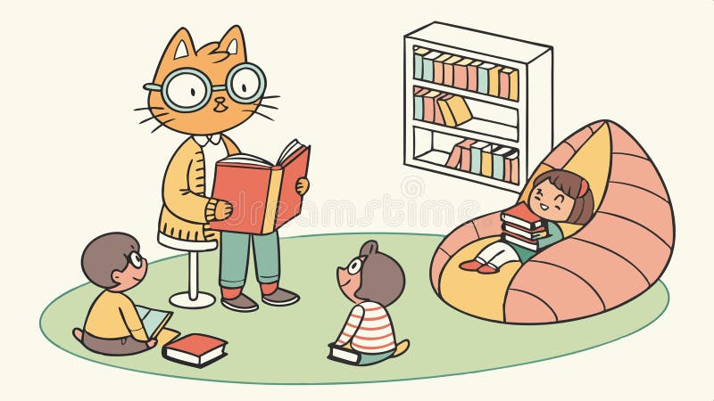 Cat Lehrer liest im Sitzsessel für entspanntes Learning Space Vektordesign Generative KI lizenzfreie abbildung